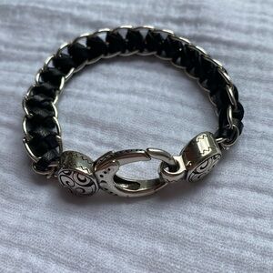 Brighton Black Leather Silver Braided Bracelet Statement‎ Swirl Moto Grunge